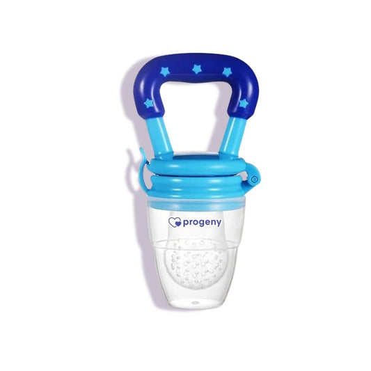 Blue and clear baby fruit feeder with 'progeny' branding on a white background