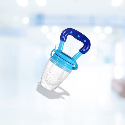 Blue and clear baby fruit feeder on a light blue background