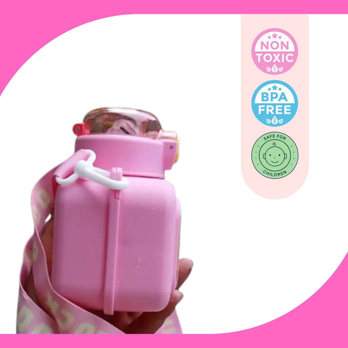 Sipper Portable Water Bottle, Camera Shaped | Popup Button | Removable Strap Cute and Functional Water Bottle, 600ml (Pink)