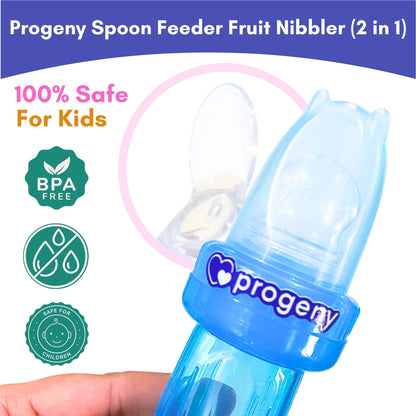 Food Feeder/Nibbler | Two in One | 90ml Capacity for Babies 4M+ | Premium Soft Silicone Food Grade BPA Free, Infant, Kids (Blue)