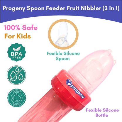 Food Feeder/Nibbler | Two in One | 90ml Capacity for Babies 4M+ | Premium Soft Silicone Food Grade BPA Free, Infant, Kids (Red)