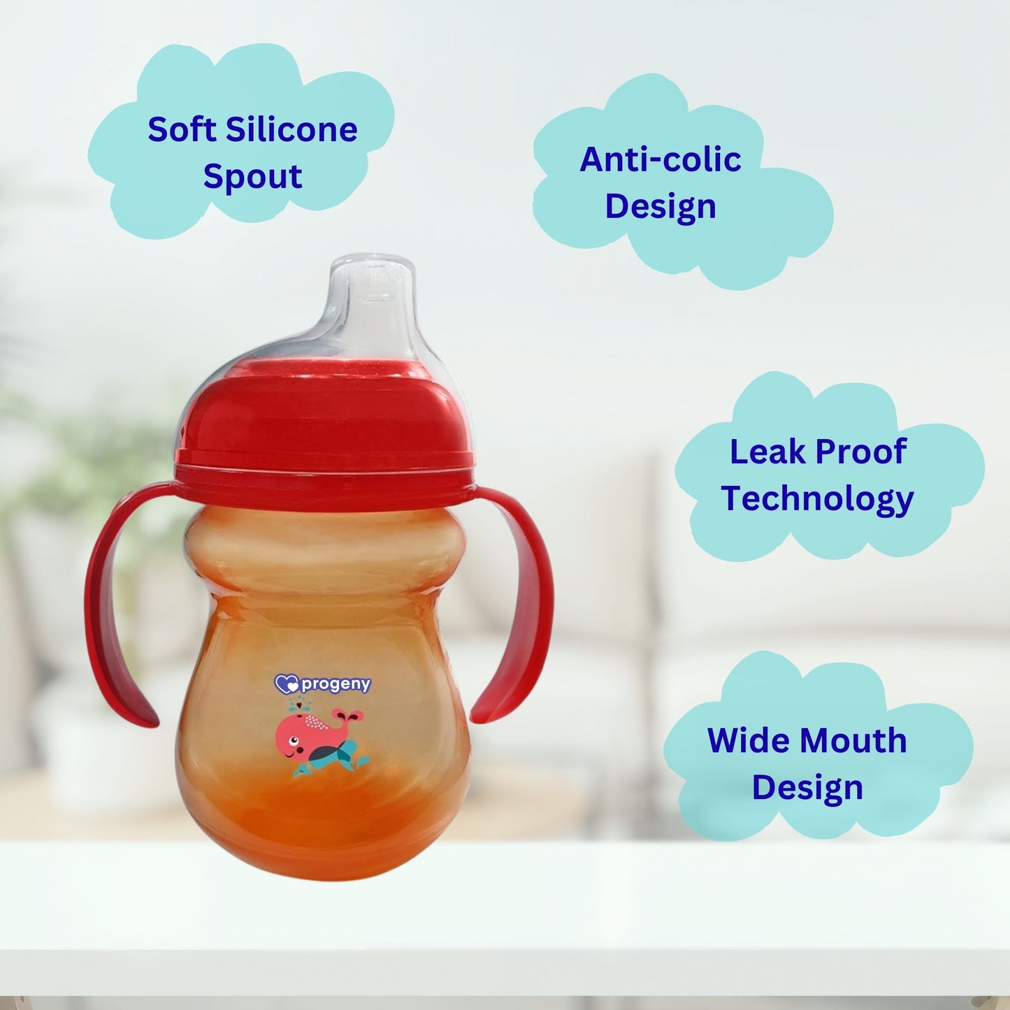 Silicone Classic Soft Spout Cup with Handles | 240ml | 6m+ | Anti-Spill | Soft Silicone Spout | BPA Free| Red