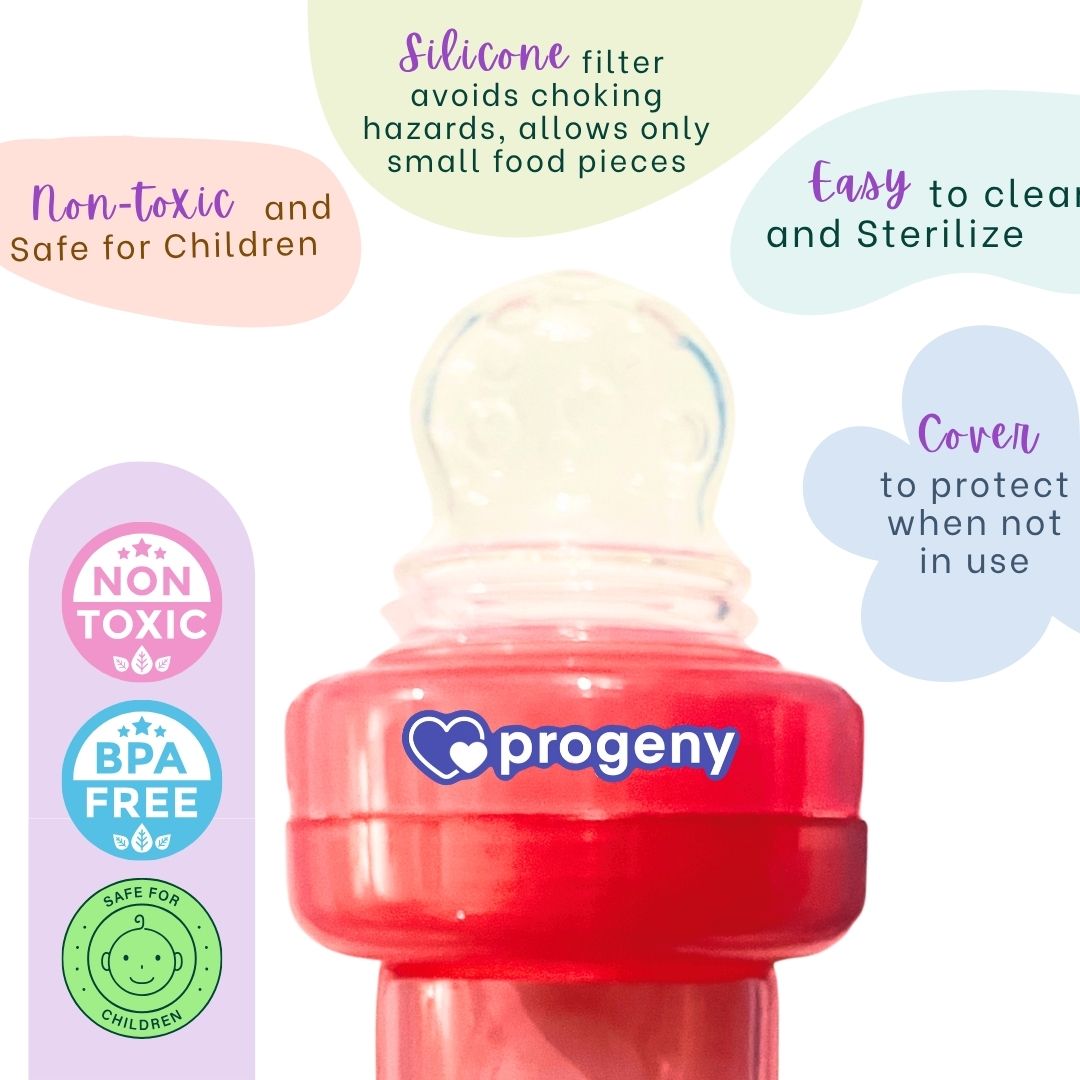 Food Feeder/Nibbler | Two in One | 90ml Capacity for Babies 4M+ | Premium Soft Silicone Food Grade BPA Free, Infant, Kids (Red)