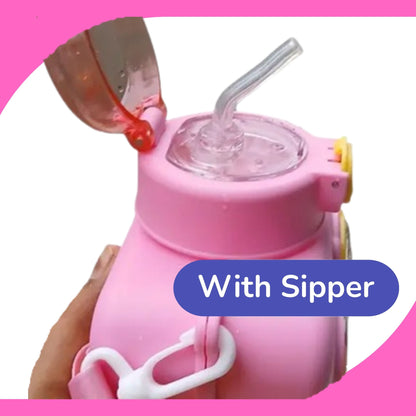 Sipper Portable Water Bottle, Camera Shaped | Popup Button | Removable Strap Cute and Functional Water Bottle, 600ml (Pink)