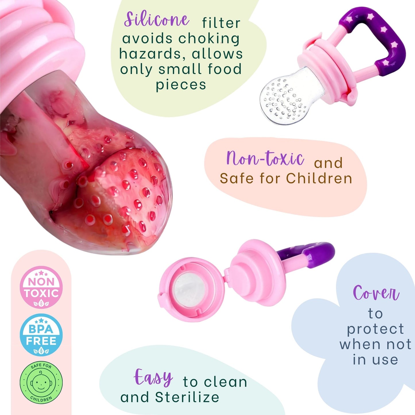 Silicone Fruit/Food Nibbler, Soft Pacifier/Feeder Teether for Baby with Extra Mesh, For Infants (Berry Purple)